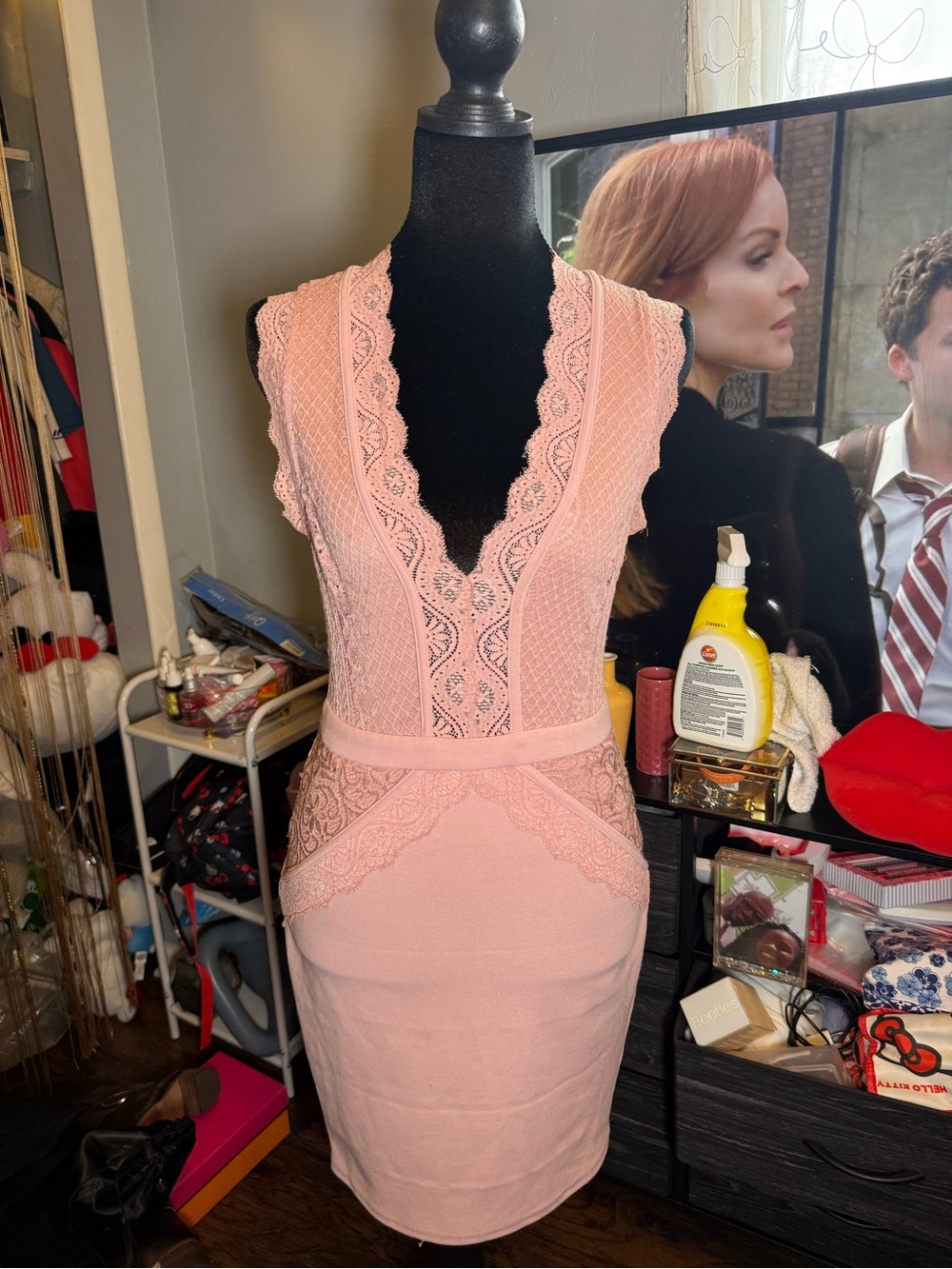 Entry Blush Lace-Trim V-Neck Midi Dress